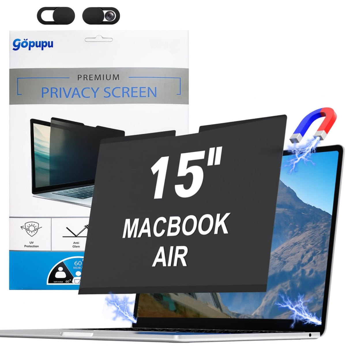 Gopupu magnetic privacy screen for MacBook Air 15 inch front view preserves privacy from side angles