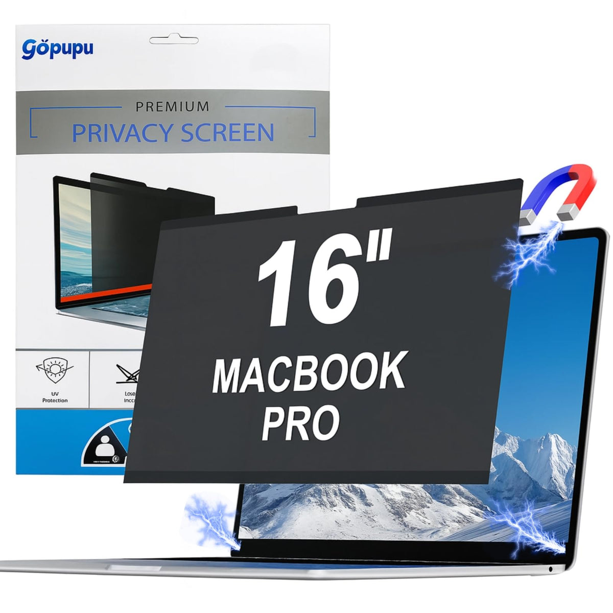 Gopupu magnetic privacy screen on MacBook Pro 16-inch top view with secure attachment.