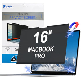 Gopupu magnetic privacy screen on MacBook Pro 16-inch top view with secure attachment.