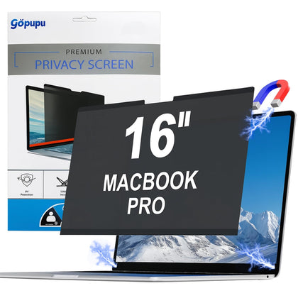 Gopupu magnetic privacy screen on MacBook Pro 16-inch top view with secure attachment.