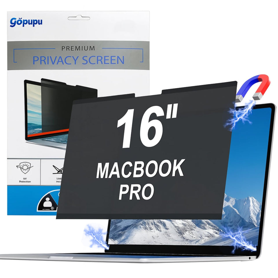 Gopupu magnetic privacy screen on MacBook Pro 16-inch top view with secure attachment.