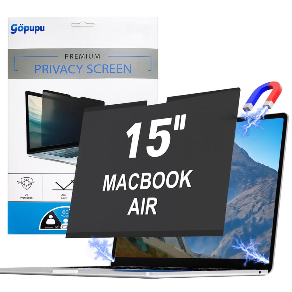 Gopupu privacy screen for MacBook Air 15 front view blocks side viewing for privacy.