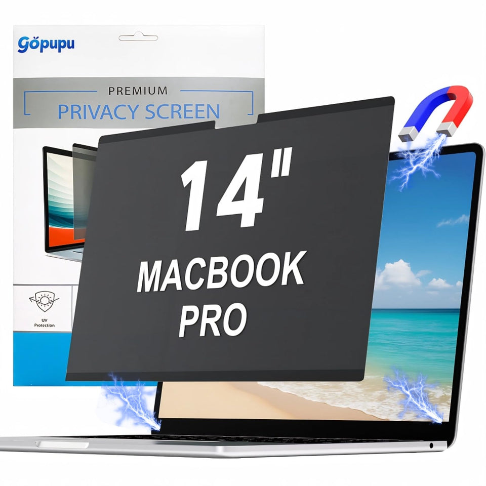 Gopupu privacy screen for MacBook Pro 14, front view with privacy filtering for on-demand confidentiality.