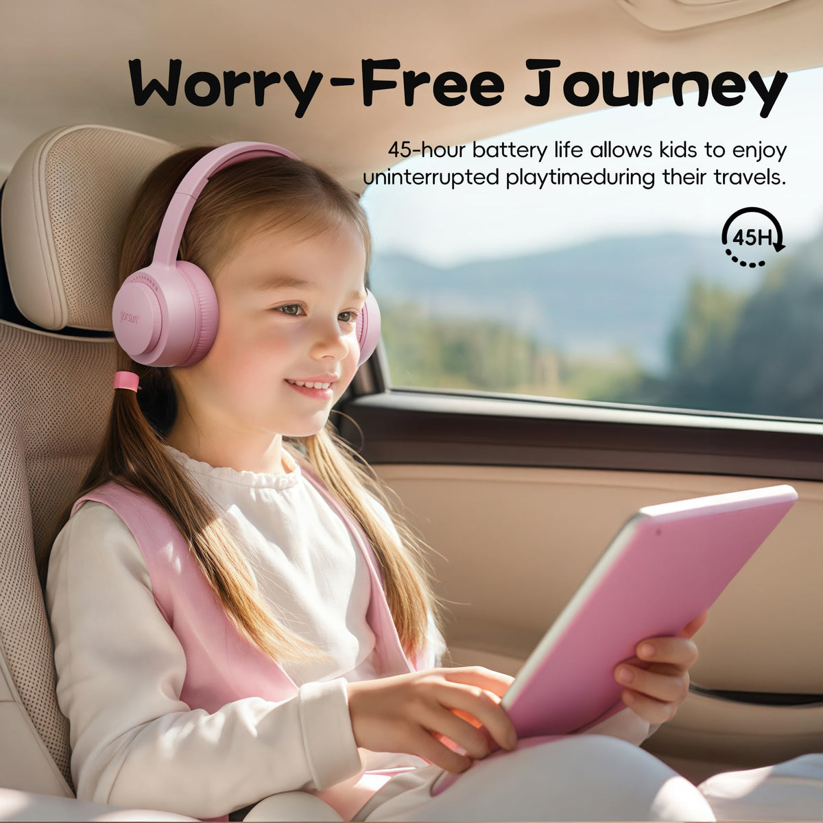 Gorsun Kids headphones pink side view highlighting lightweight design for kids