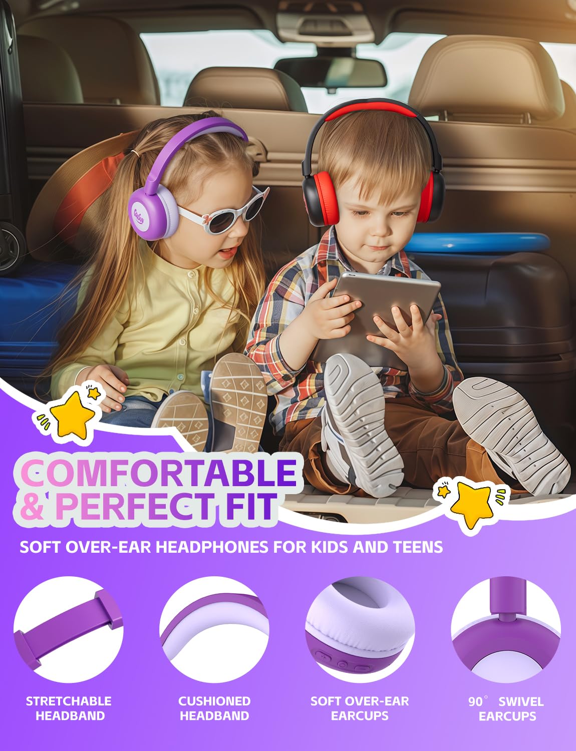 Gorsun 50-hour battery life keeps kids listening during trips and days at school.