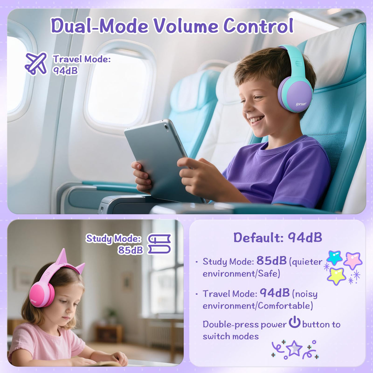 Gorsun kids headphones 68h playtime with adjustable headband for growing children