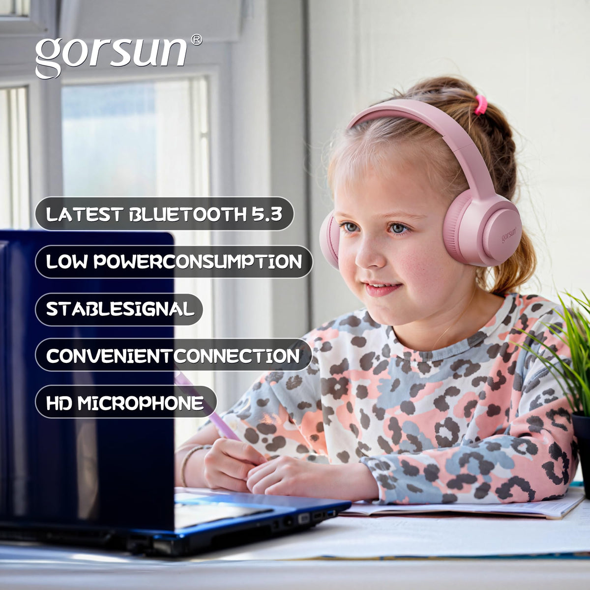 Gorsun Kids pink ear cups close-up with soft faux leather comfort