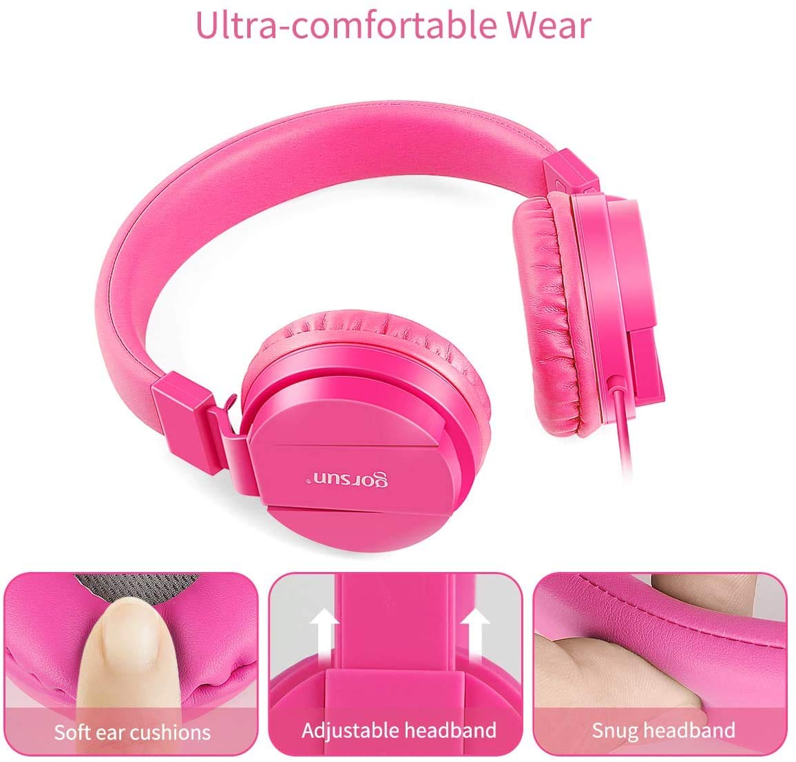 Gorsun Kids Headphones pink soft ear pads for gentle listening