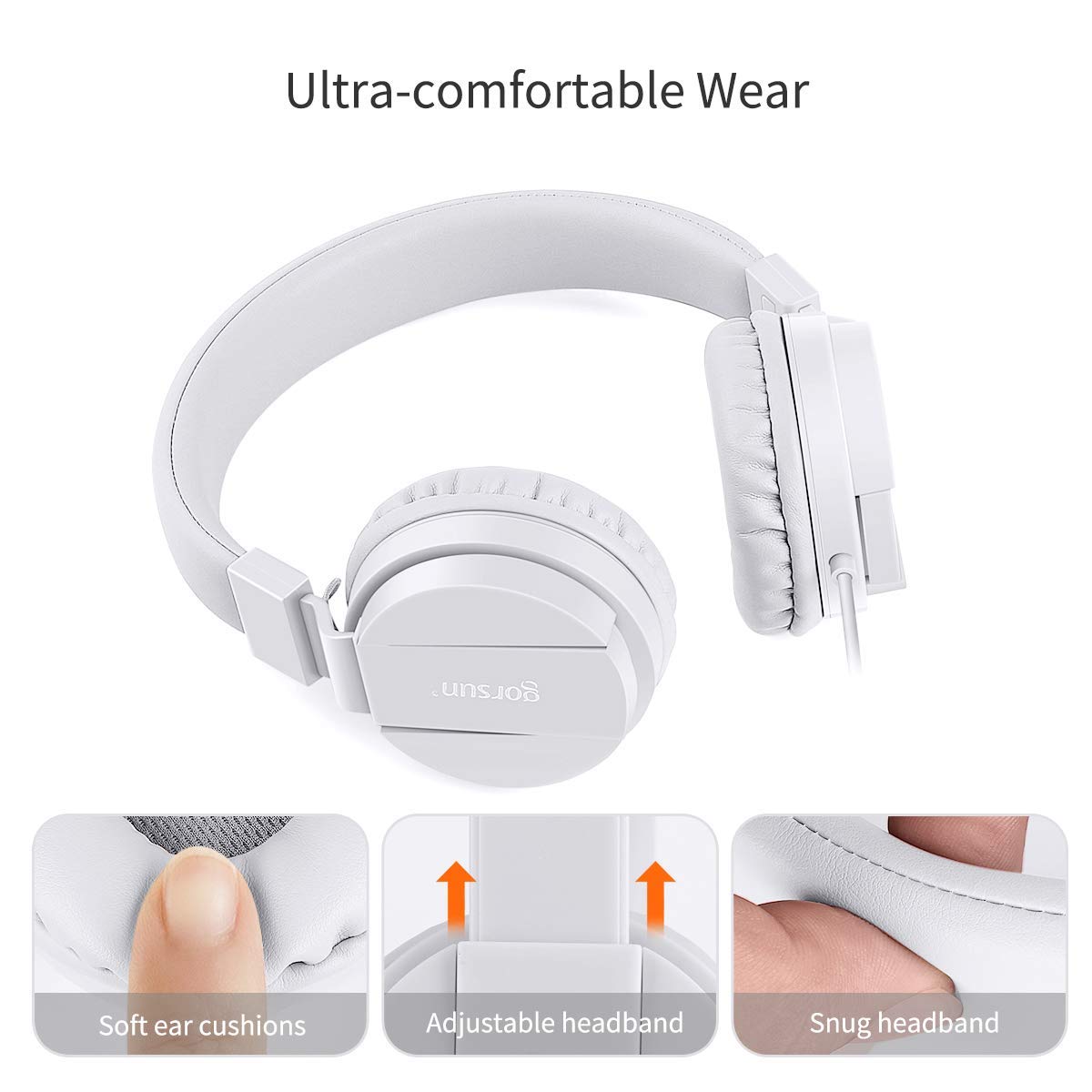 Gorsun Kids headphones white side view highlighting slim, portable profile.