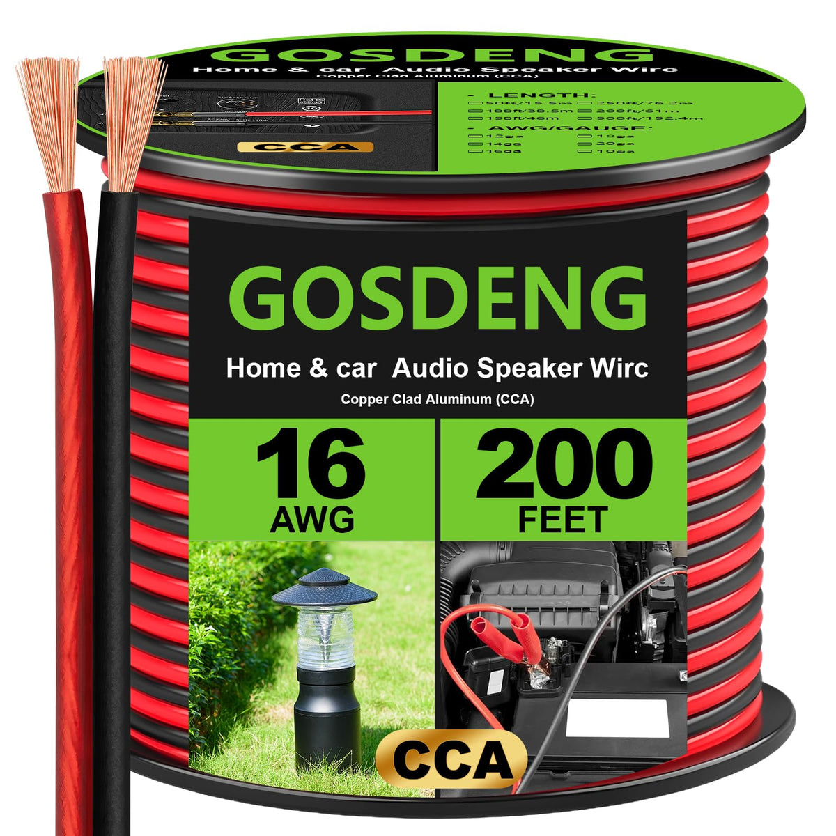 GOSDENG 16-gauge speaker wire with red and black conductors for car audio connections.