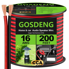 GOSDENG 16-gauge speaker wire with red and black conductors for car audio connections.