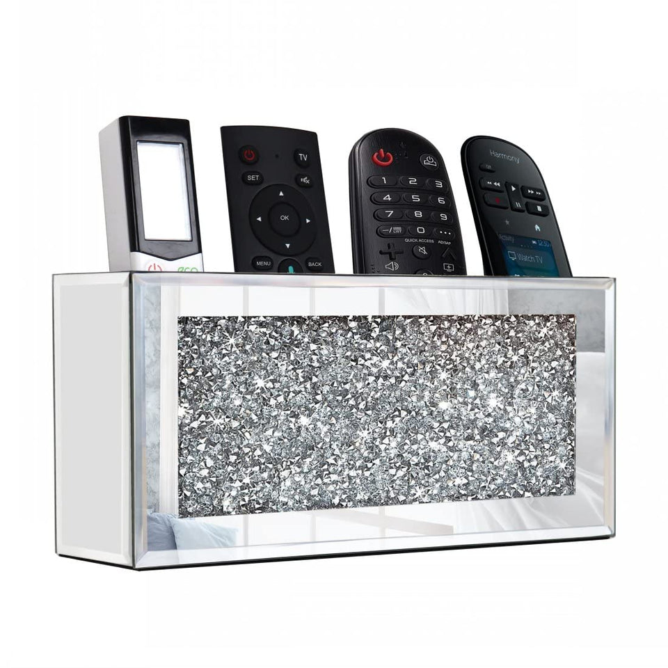 GOTHICO mirrored remote holder front view showing polished mirror and storage benefit