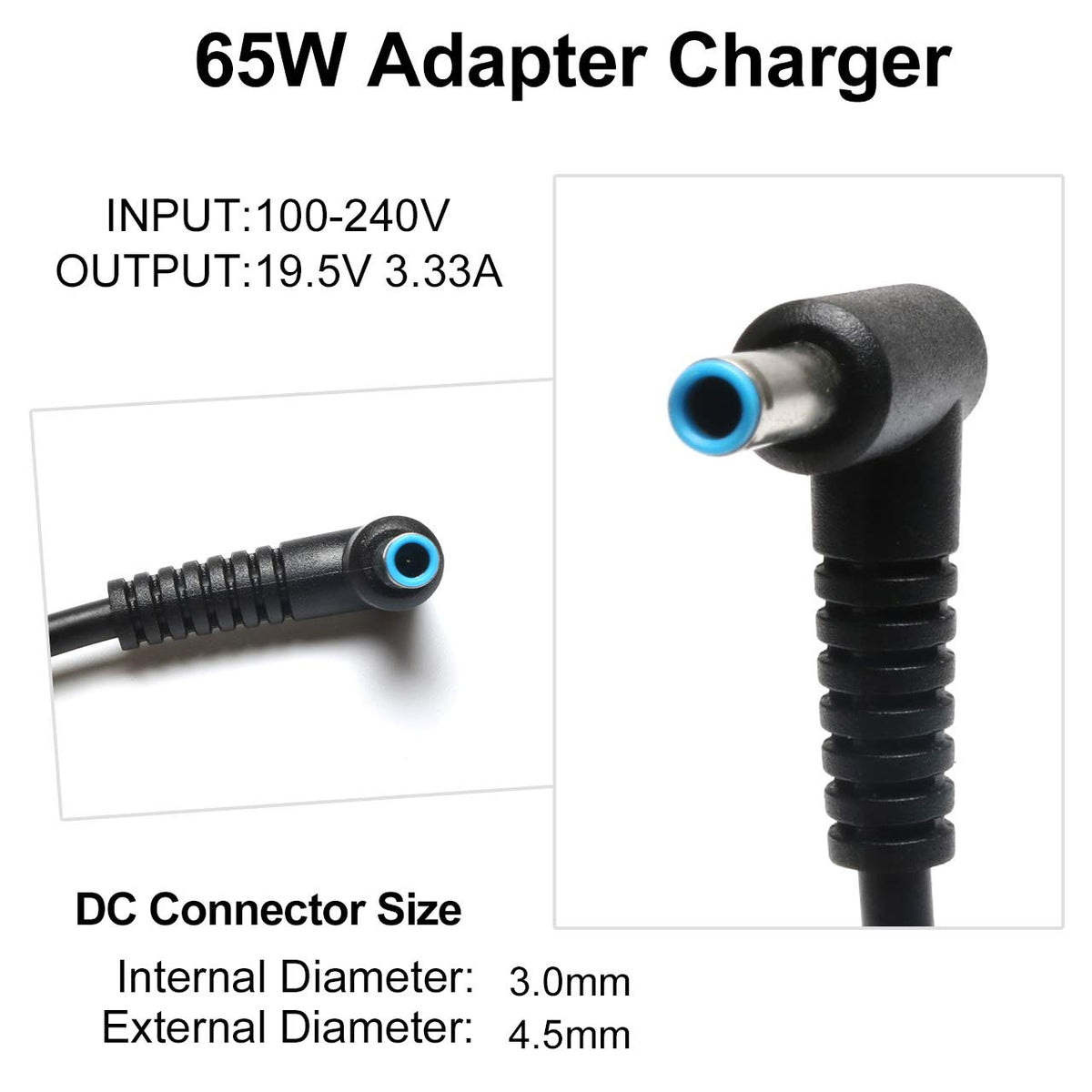 Govolia blue-tip closeup showing 4.5x3.0mm connector, ensures correct fit