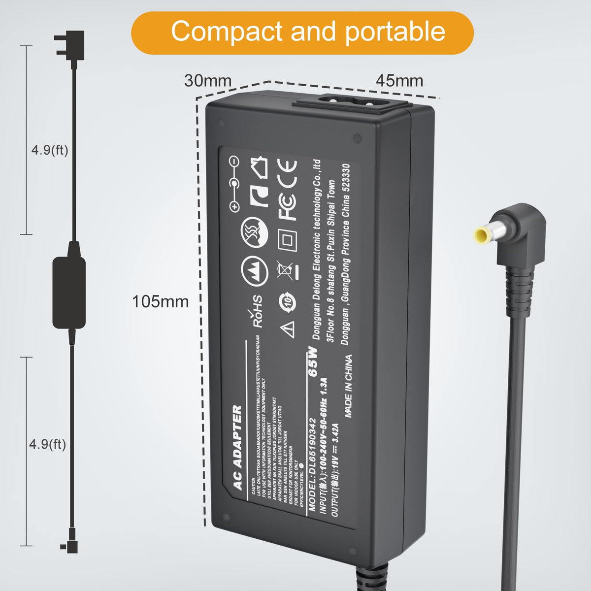 Govolia power cord and plug with global AC input for travel convenience