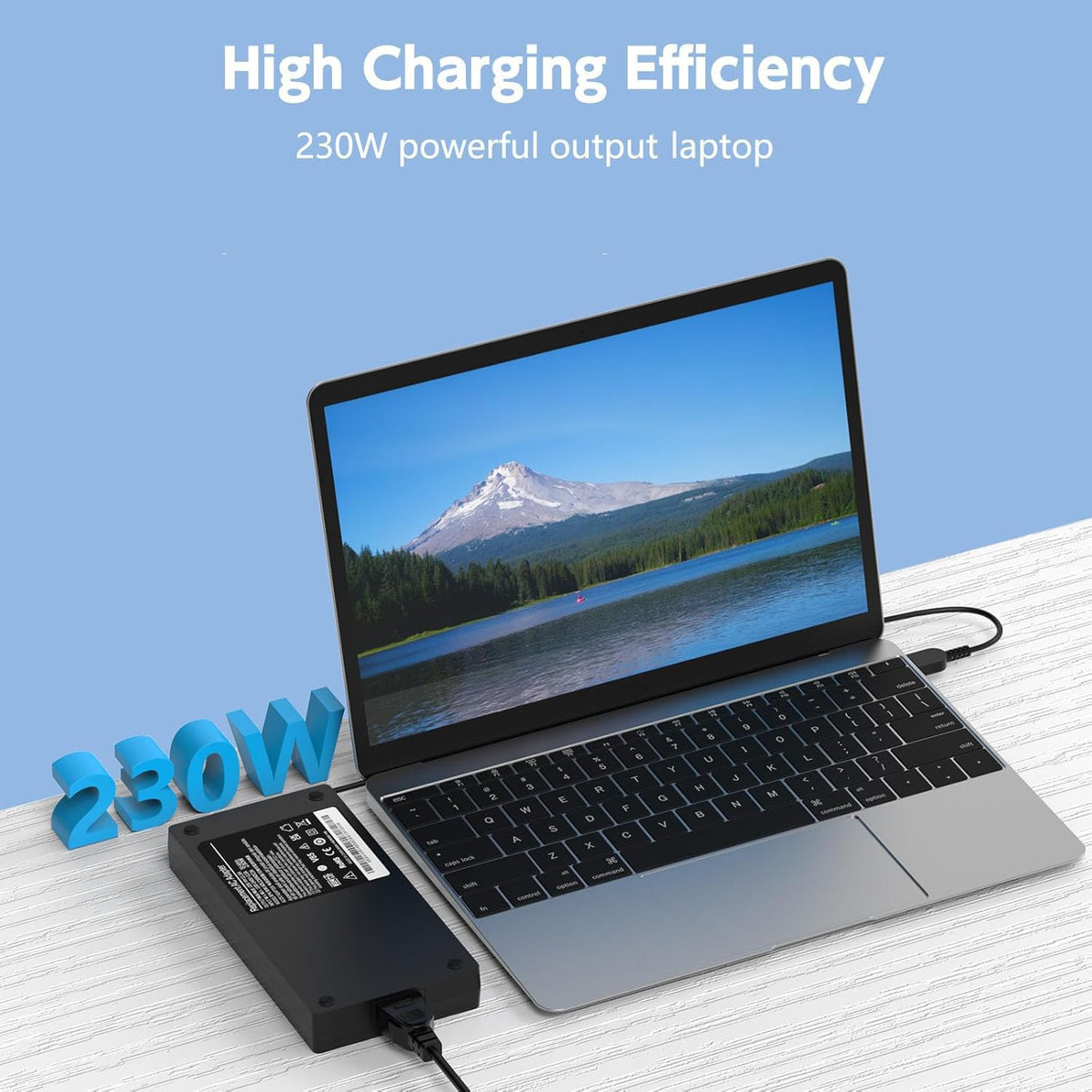 Govvep 230W charger close-up showing USB square yellow tip for secure connection