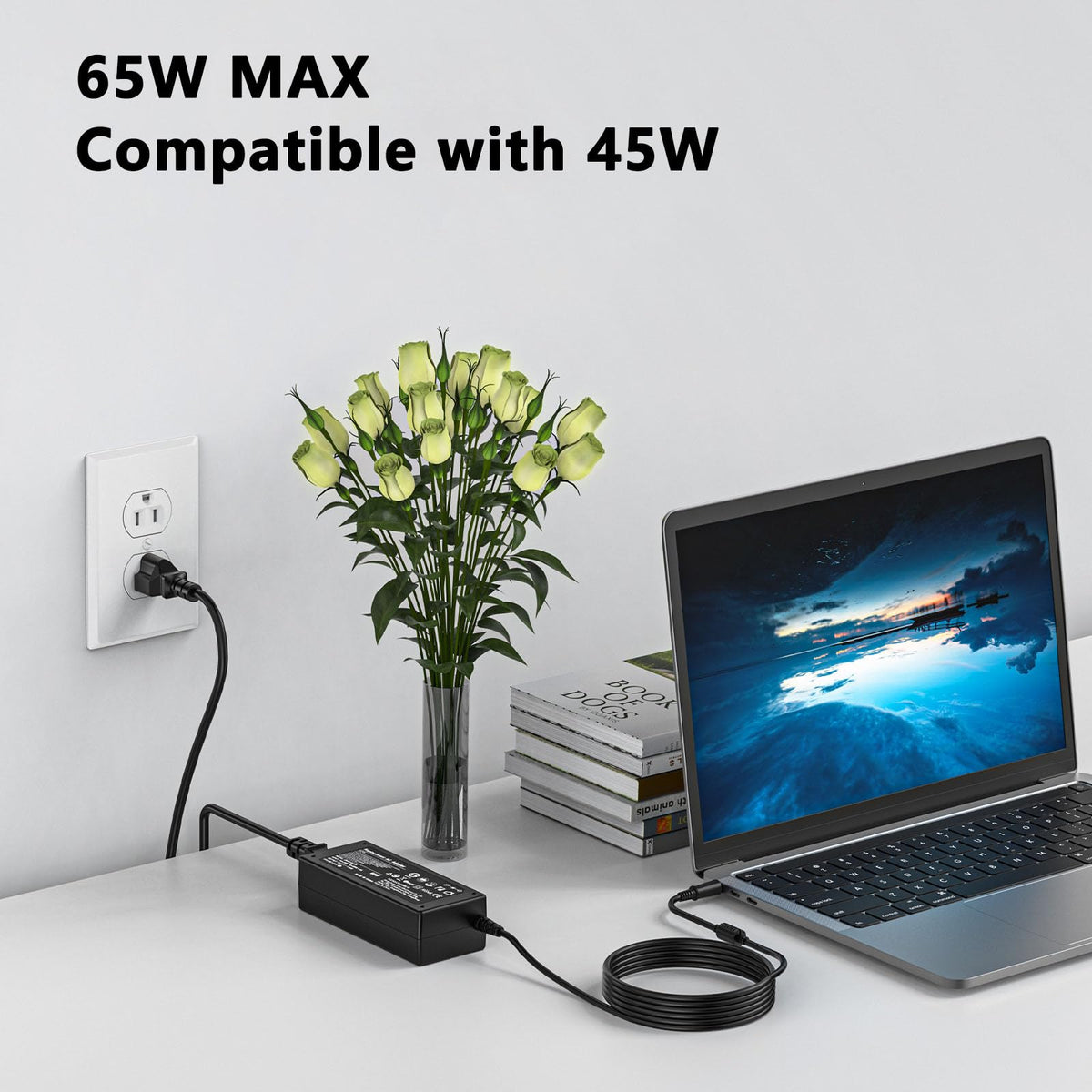 Govvep 65W laptop charger back view, reinforced connector for durable worldwide use.