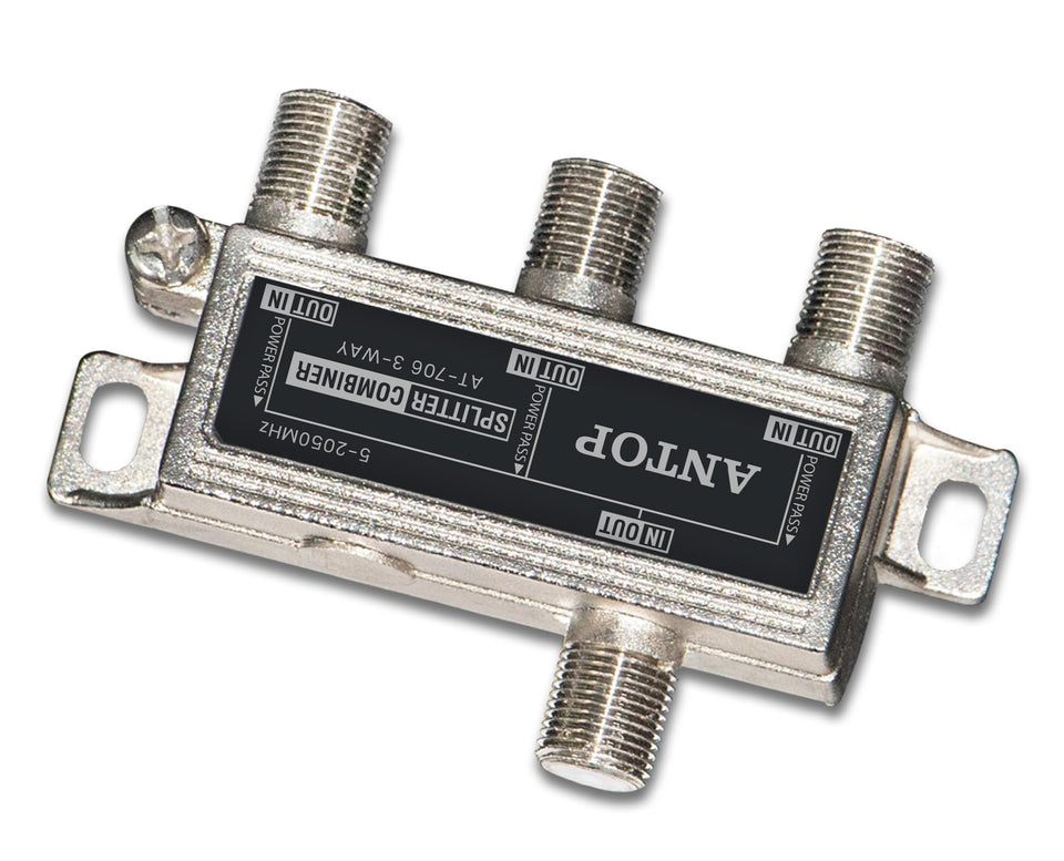 GOYMFK Antop 3-way splitter front view for easy multi-device signal distribution.