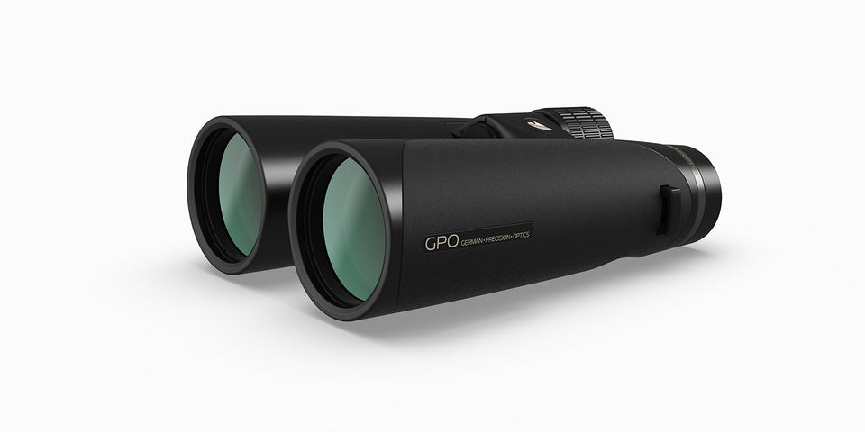 GPO Passion HD 10x50 binoculars front view with bright, clear optics for wildlife watching