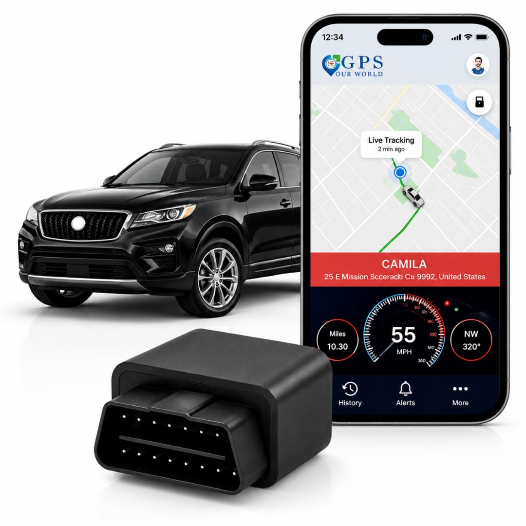 GPSCOTECH car GPS Tracker in dashboard view, quick plug-and-play setup for easy installation.