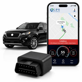 GPSCOTECH car GPS Tracker in dashboard view, quick plug-and-play setup for easy installation.