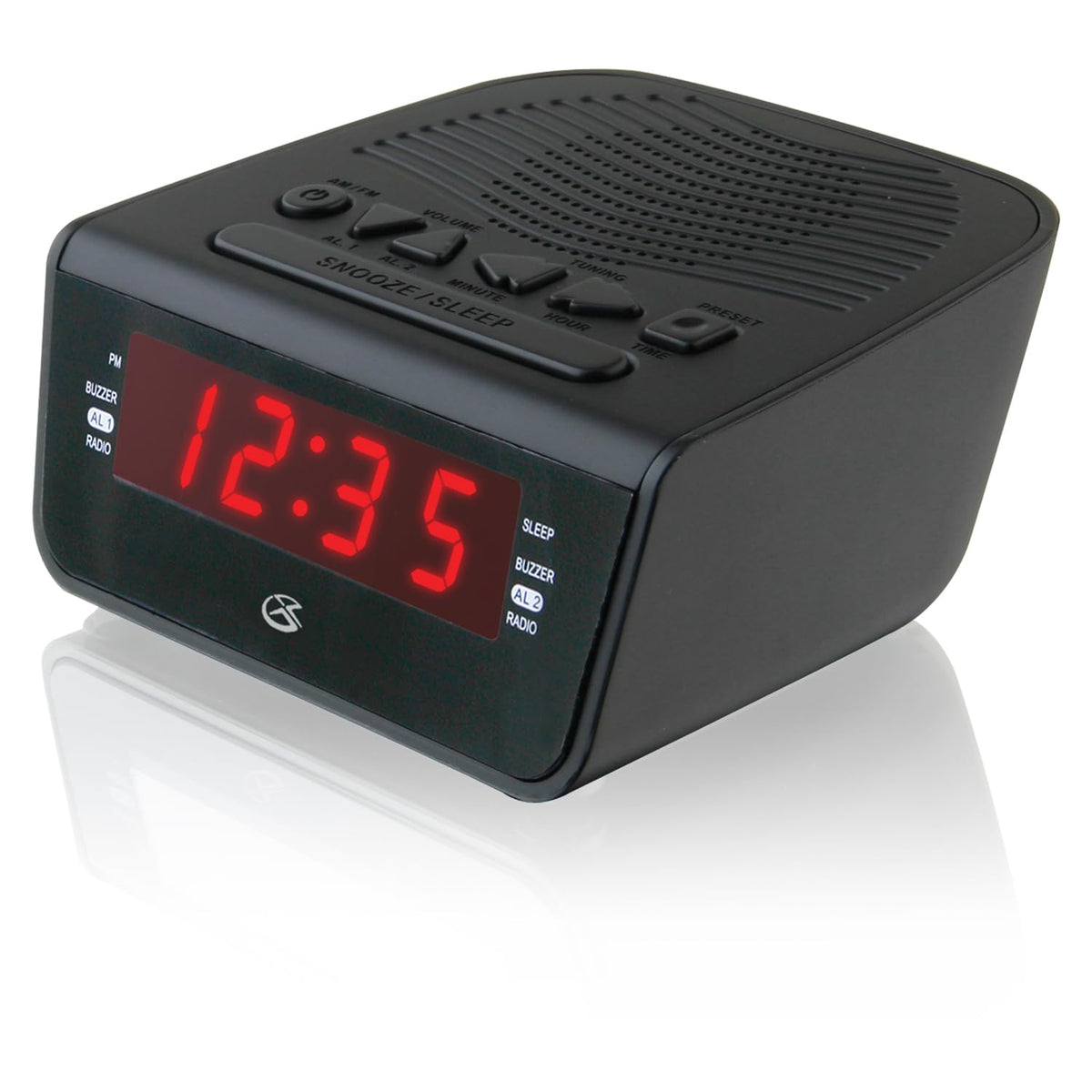 GPX C224B AM/FM radio area for easy station presets.