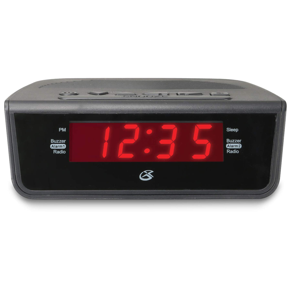GPX C224B dual alarm clock front view, easy-to-read red LED display for quick wake-ups.