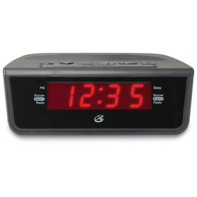 GPX C224B dual alarm clock front view, easy-to-read red LED display for quick wake-ups.