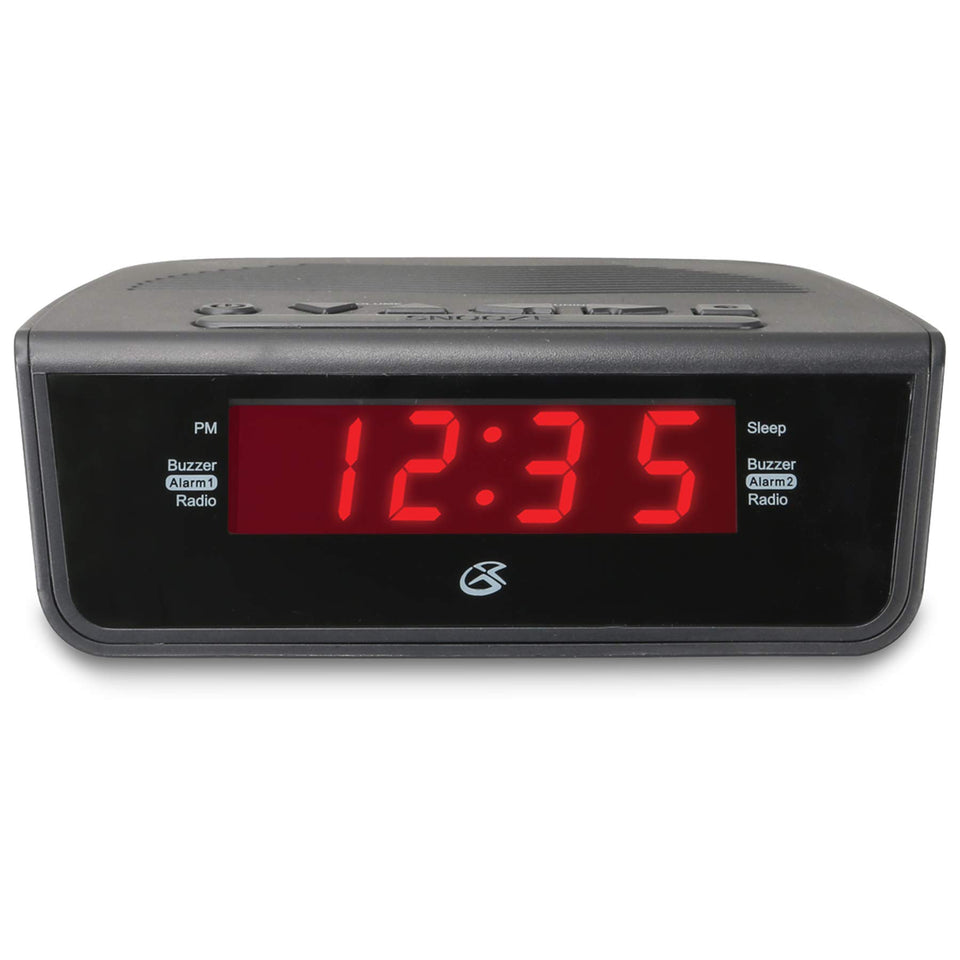 GPX C224B dual alarm clock front view, easy-to-read red LED display for quick wake-ups.