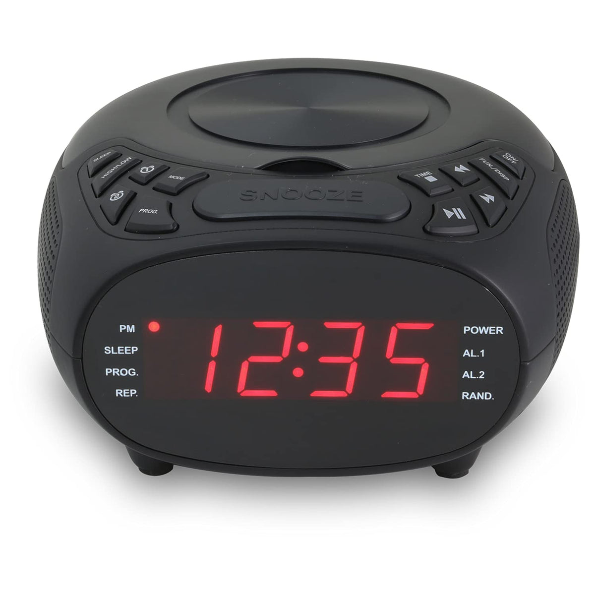 GPX CC318B on bedside table with CD inserted, demonstrating dual alarms and dimmer for softer nights