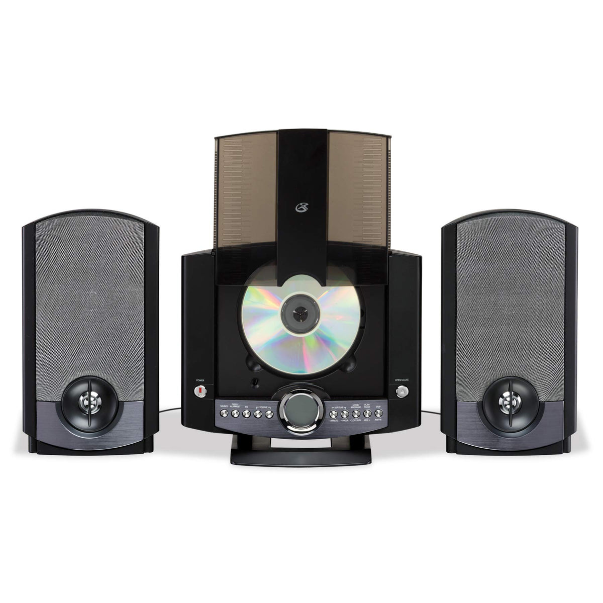 GPX HM3817DTBK CD door open, highlighting the motorized vertical-load disc system