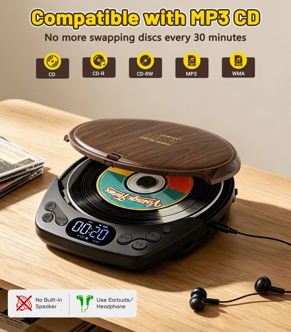 Gracioso close-up of control buttons and backlit display, enabling easy navigation and programmable playback