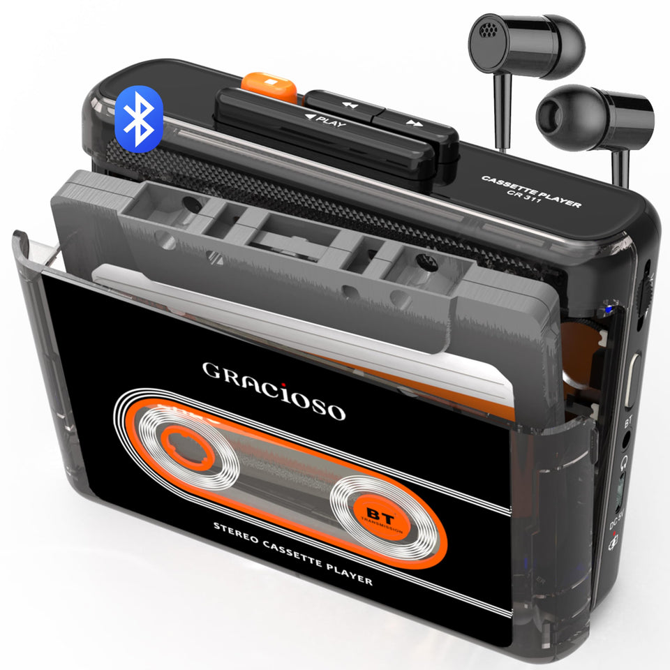 Gracioso front view showing retro cassette player and clear benefits of portability