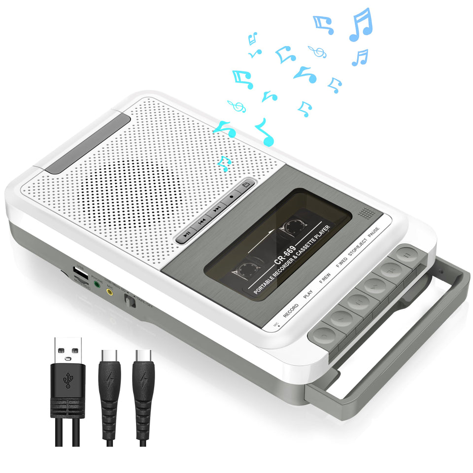 Gracioso front view of cassette player showing cassette door and controls, clear playback benefit