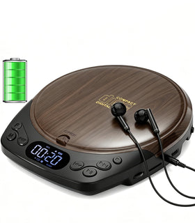 Gracioso front view walnut finish showing top-loading CD tray and included headphones for portable listening