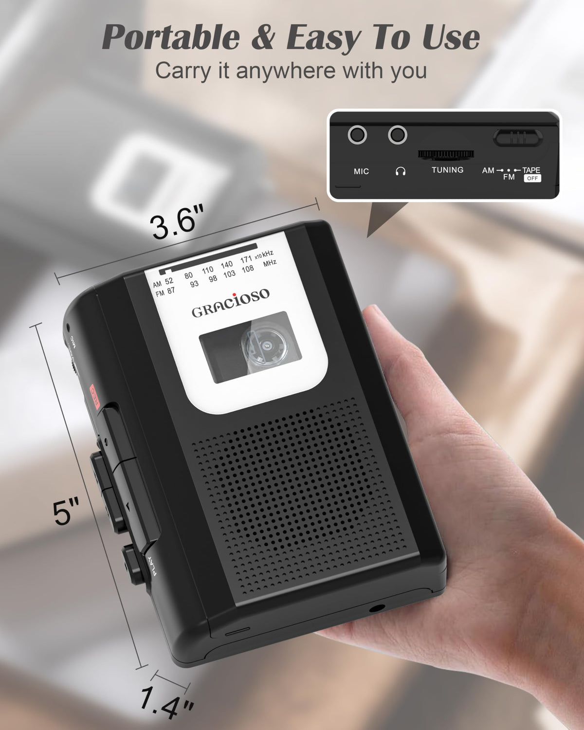 Gracioso in use with headphones and tape delivering private listening convenience