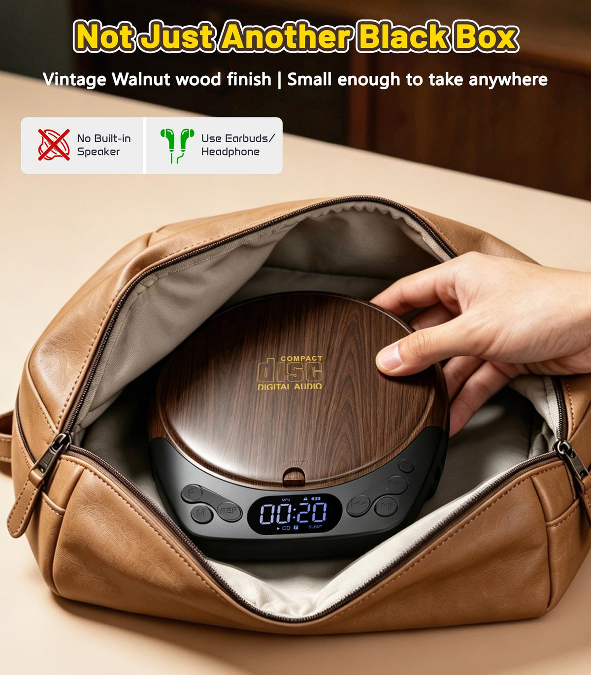 Gracioso on a bedside table with headphones, demonstrating sleep timer and audiobook listening