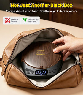 Gracioso on a bedside table with headphones, demonstrating sleep timer and audiobook listening