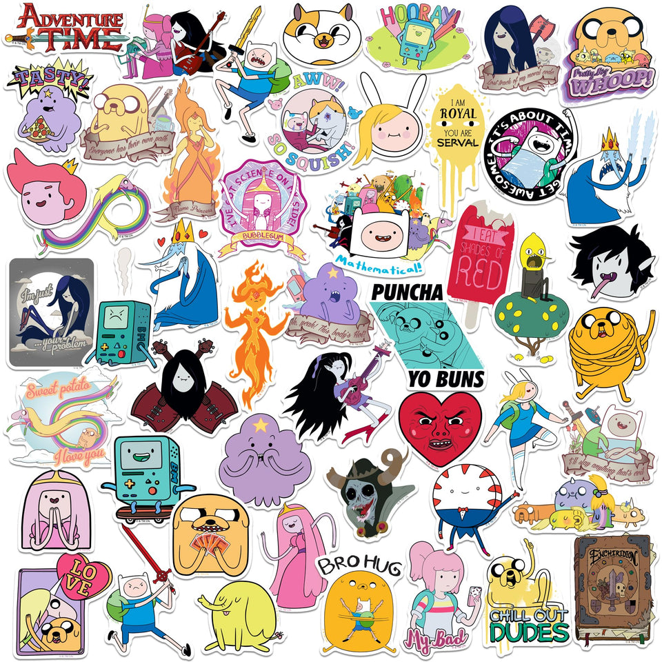 GRAPHICS AND MORE Adventure Time stickers on a laptop with bold colors and lasting adhesion.