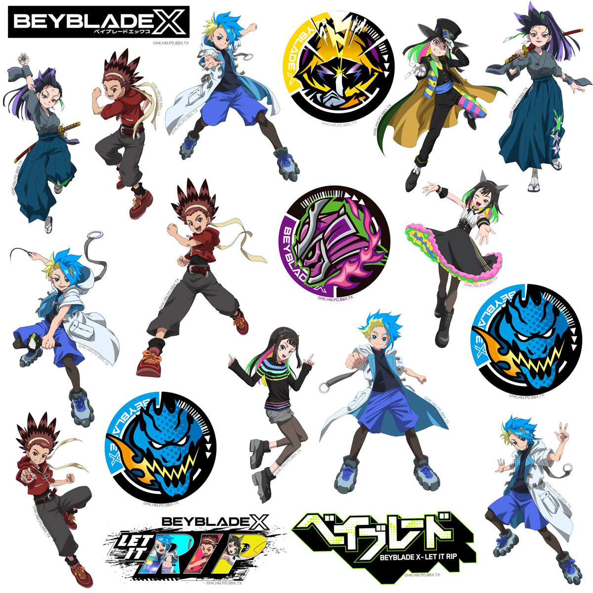 Beyblade X spinning top designs with crisp edges on a suitcase