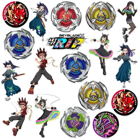 Stylized Beyblade X characters and emblems for expressive notebooks