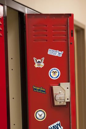 GRAPHICS & MORE large die-cut navy stickers highlight durable, high-visibility accents on surfaces.