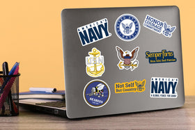 GRAPHICS & MORE navy typography stickers showcasing mottos for personalization on notebooks.