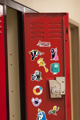 GRAPHICS & MORE Adventure Time stickers showing outdoor use on travel gear and mirrors.