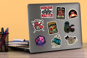 Graphics & More D&D stickers tabletop humor for boards and notebooks.