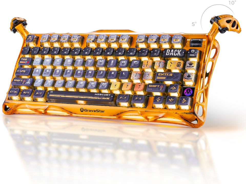 GravaStar Mercury K1 Pro battle-worn yellow keyboard with a durable aluminum frame