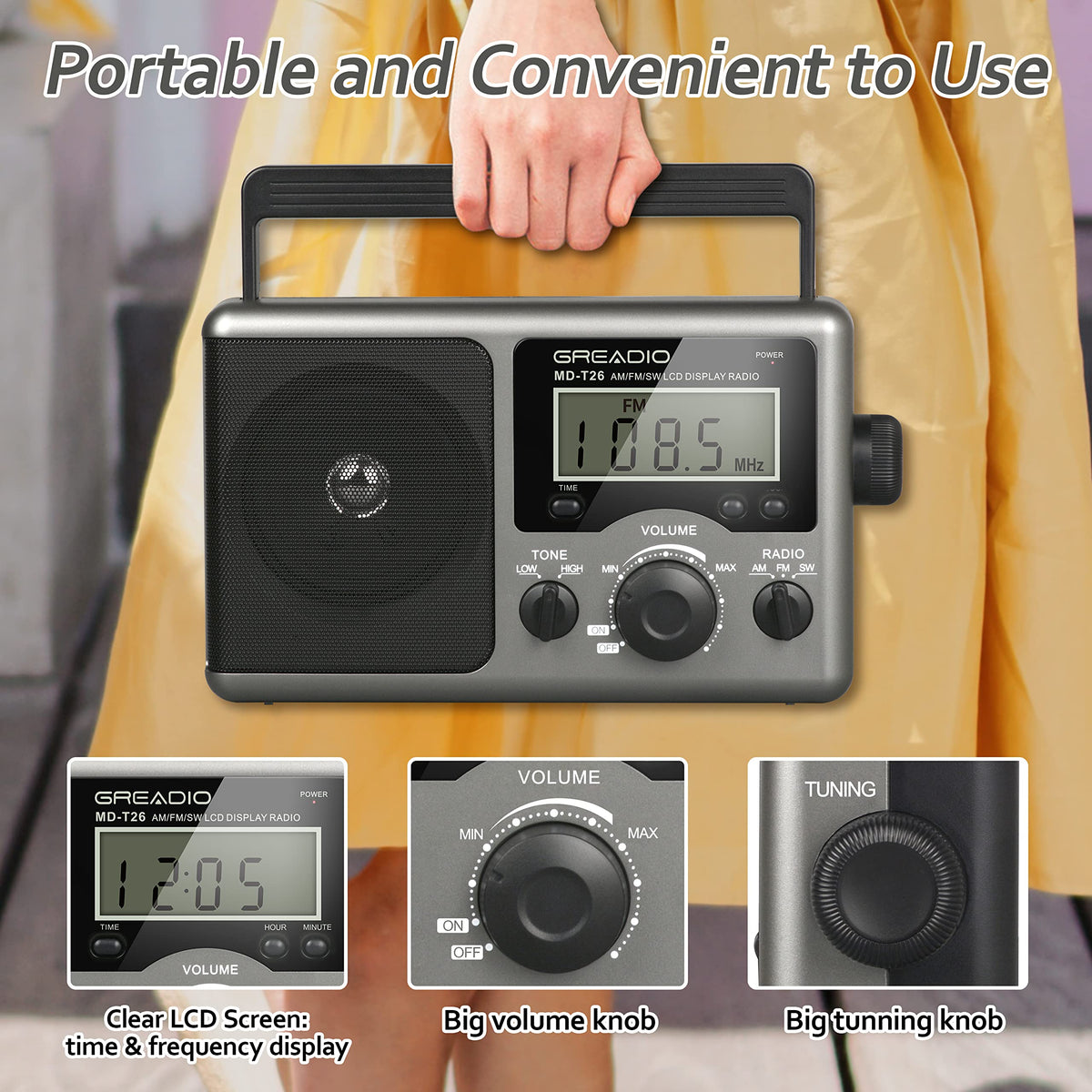 Greadio antenna fully extended to boost shortwave and FM reception strength