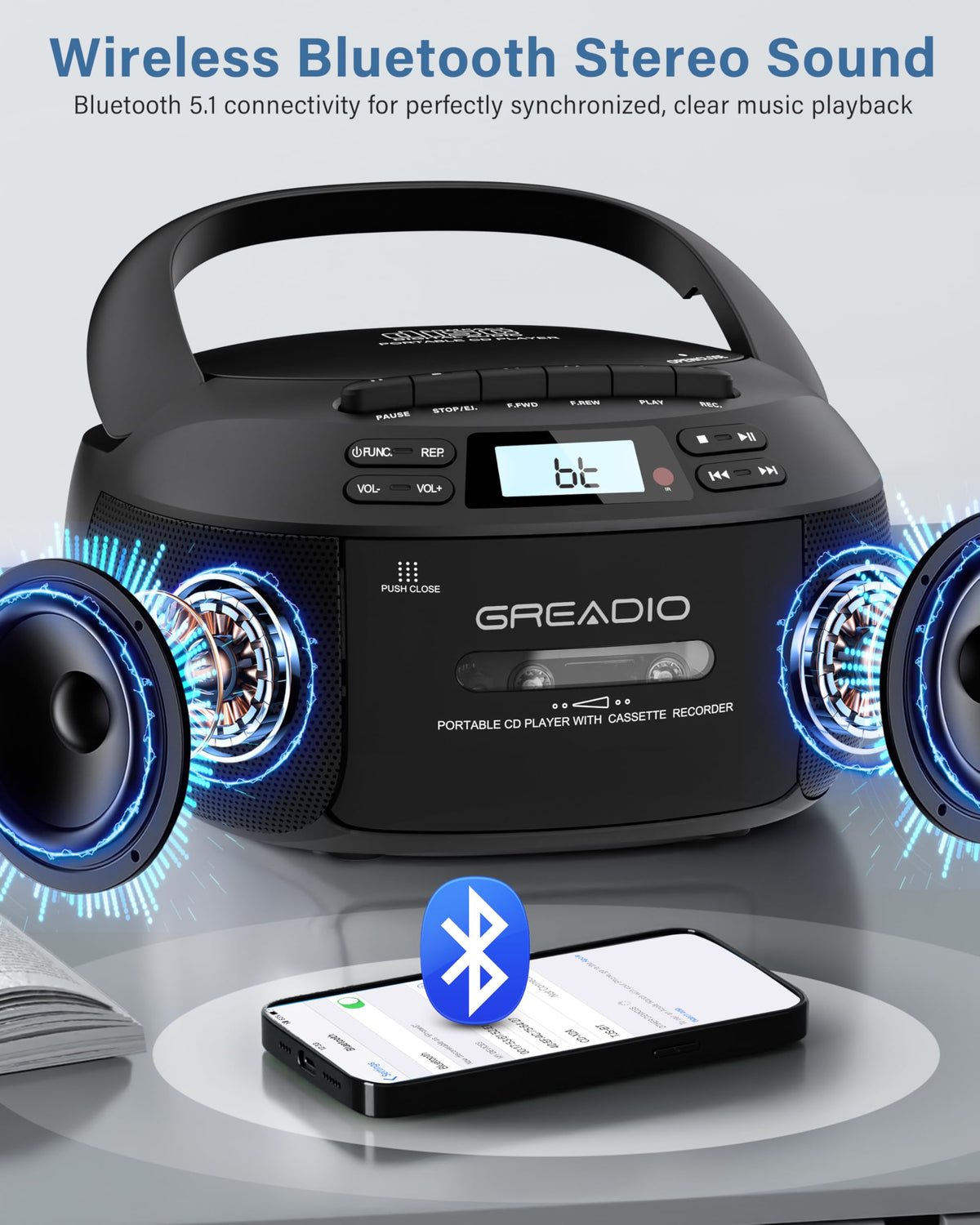 Greadio boombox AM/FM radio with LCD display for tuning