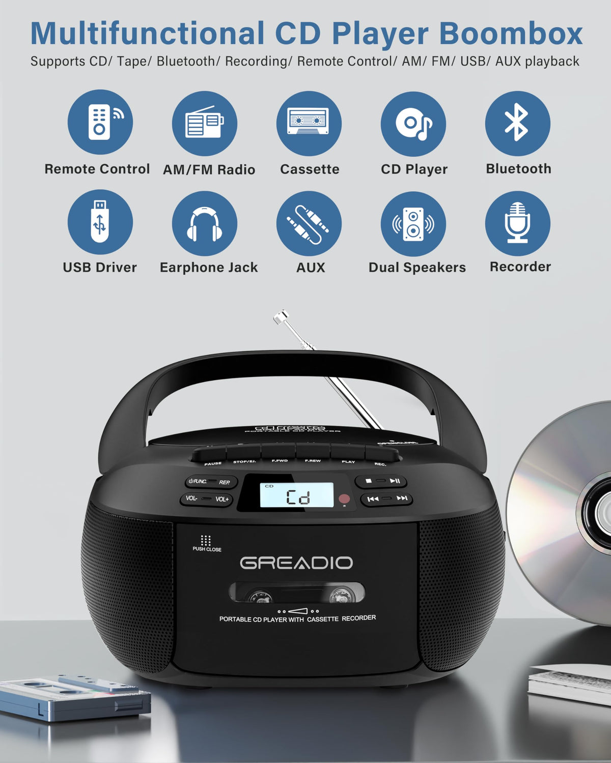 Greadio boombox cassette deck with recording capability