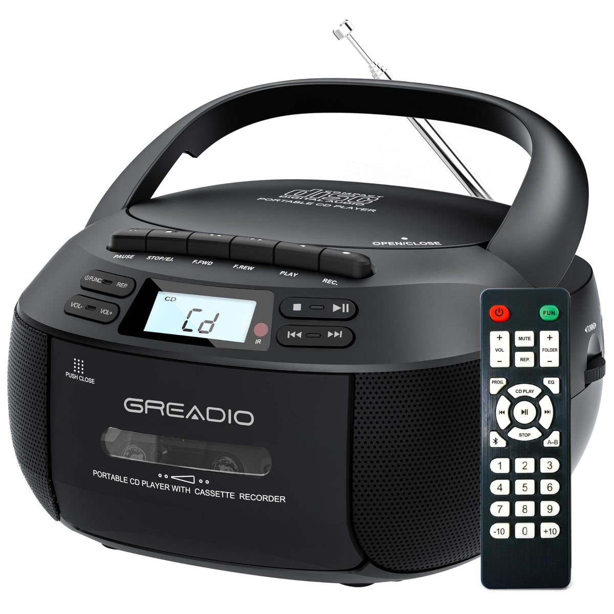 Greadio boombox front view showcases compact home stereo functionality