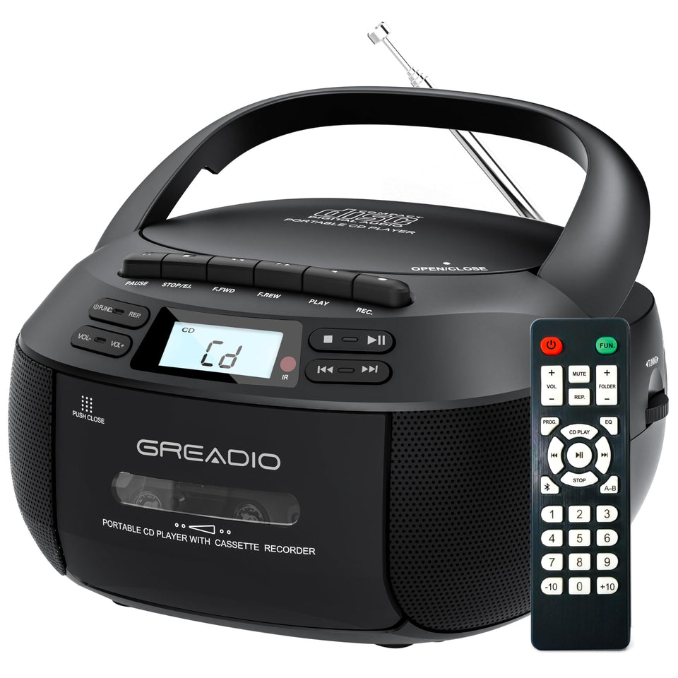Greadio boombox front view showcases compact home stereo functionality